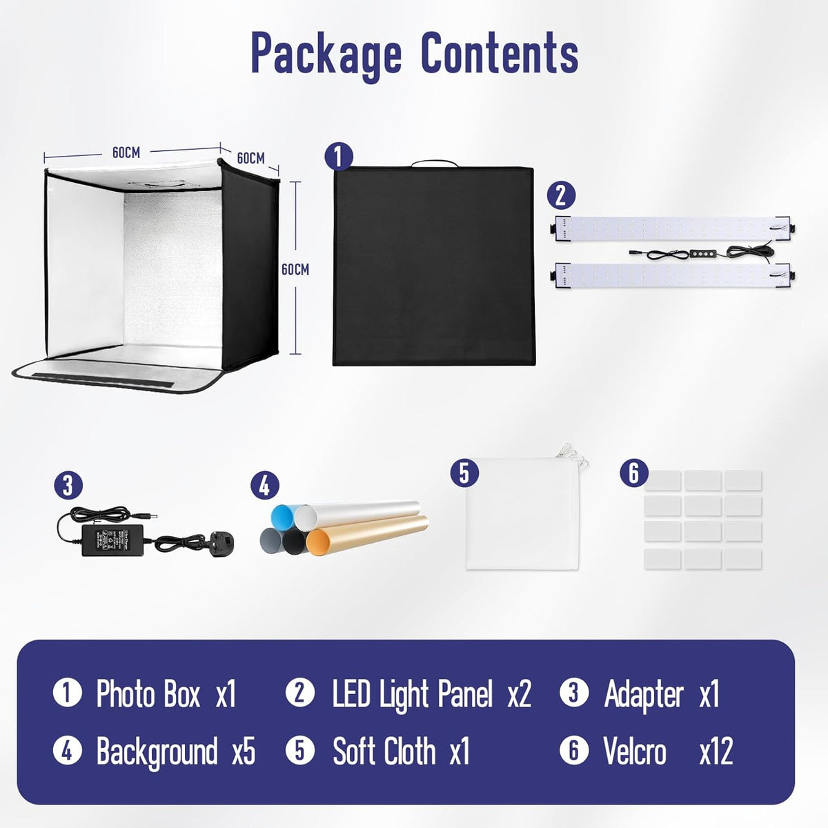 EMART Fotobox 60 x 60 cm, dimbare fotostudioset met 5 productfotoachtergronden en 3 kleuren licht, voor levensmiddelen, sieraden, productfotografie