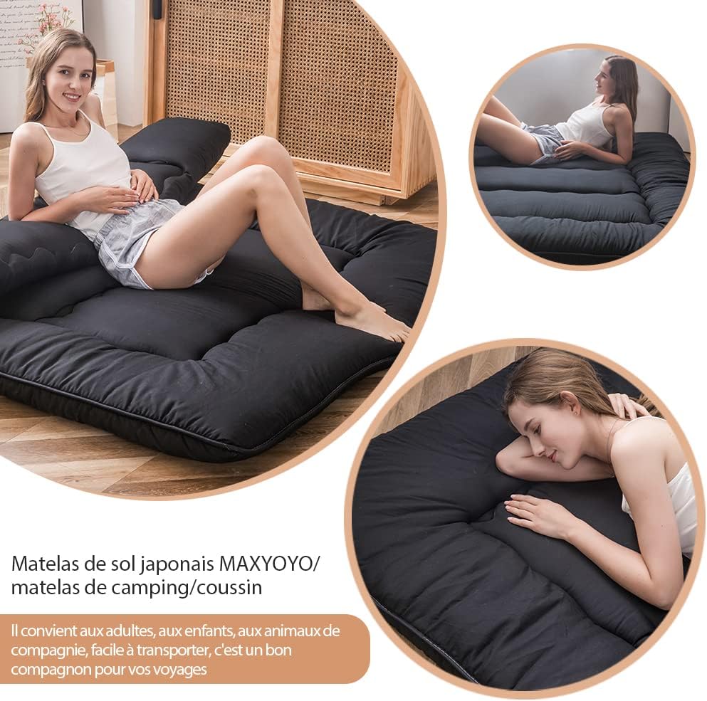 MAXYOYO Futon Floor Mattress, Japanese Floor Mattress, Futon, Foldable, 1 Seater, Quilted Mattress for Guest Travel and Camping(Black,150x200cm)