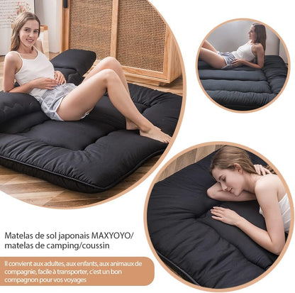 MAXYOYO Futon Floor Mattress, Japanese Floor Mattress, Futon, Foldable, 1 Seater, Quilted Mattress for Guest Travel and Camping(Black,150x200cm)
