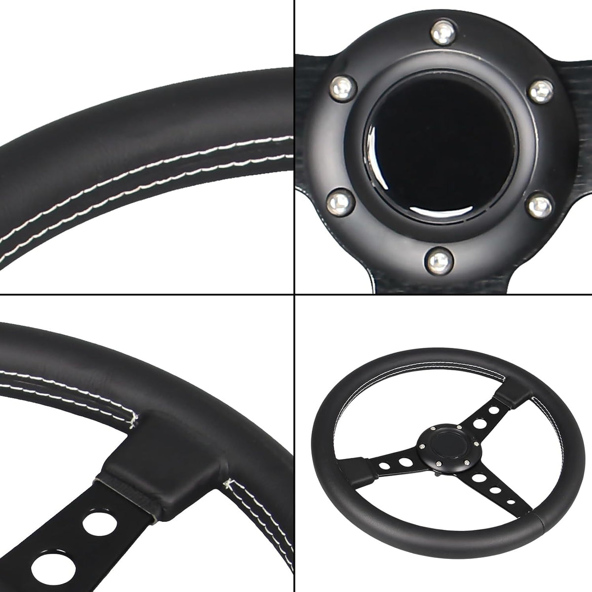 Stuurwiel – Sportstuur – Race Stuur – Drift Stuur – Lederen Stuur – 14 Inch (350mm) – Zwart Leer Met Witte Stiksels
