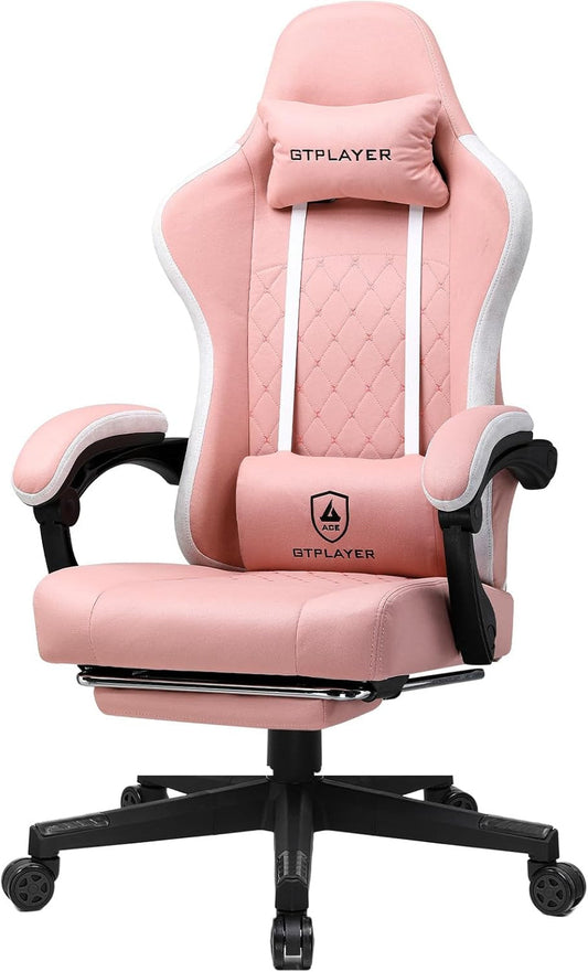 GTPLAYER Ergonomic gaming chair with fabric surface, seat cushion with springs, connecting armrests and footrest, pink - QUORE
