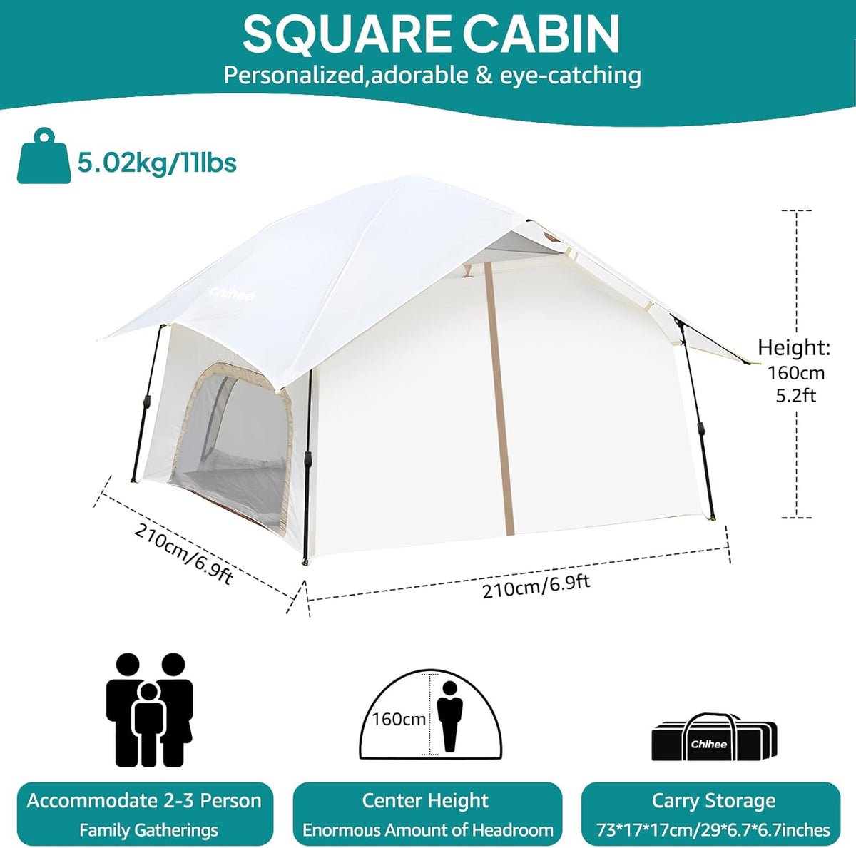 Chihee Campingtent, pop-up tent, familiekabinetent met luifel, veranda, 2-persoons, outdoortent met scherm, grote capaciteit, waterdicht en winddicht, eenvoudige montage, wandelen