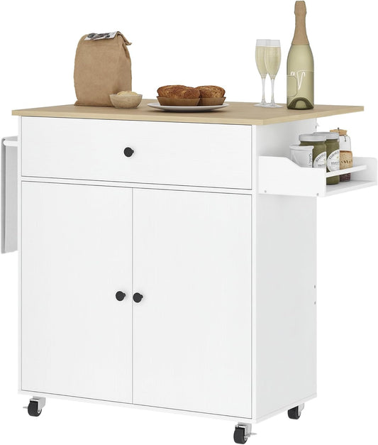 HOMCOM Kitchen Island Wheeled Kitchen Cart with Folding Worktop, Drawer, Kitchen Cabinet Cart with Insert Shelf, Towel Bar, Spice Rack, Serving Trolley White - QUORE