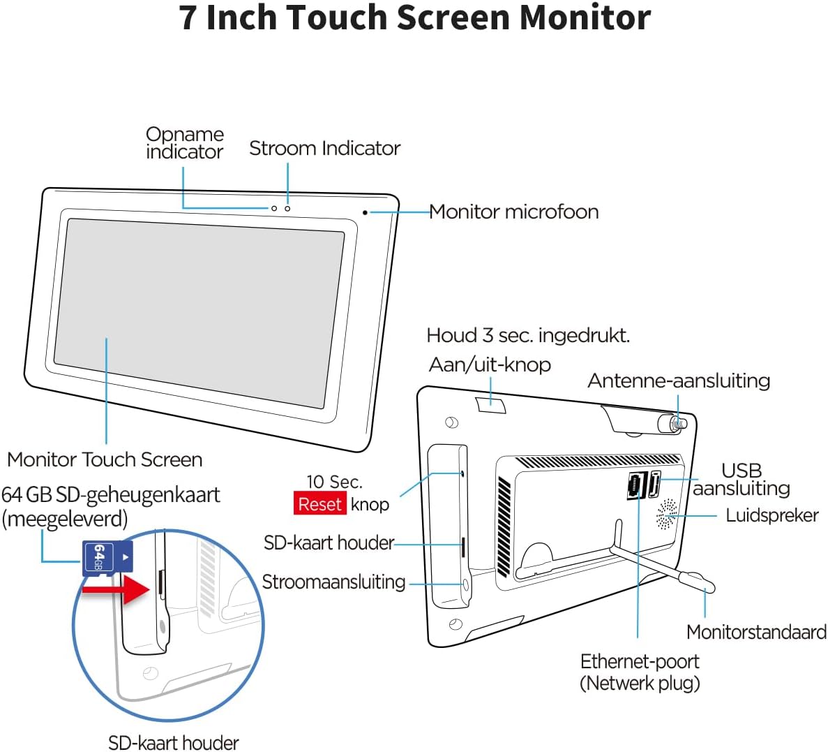 SecuFirst 2K Draadloze bewakingscamera voor buiten, set met monitor, 4 x buitencamera's, videobewaking + 7 inch touchscreen, NVR-beeldscherm, met PIR AI bewegingsmelder, 64 GB SD-kaart.