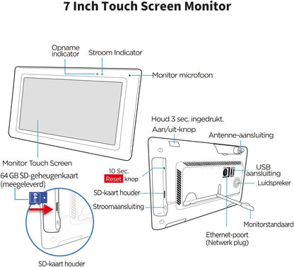 SecuFirst 2K Draadloze bewakingscamera voor buiten, set met monitor, 4 x buitencamera's, videobewaking + 7 inch touchscreen, NVR-beeldscherm, met PIR AI bewegingsmelder, 64 GB SD-kaart.