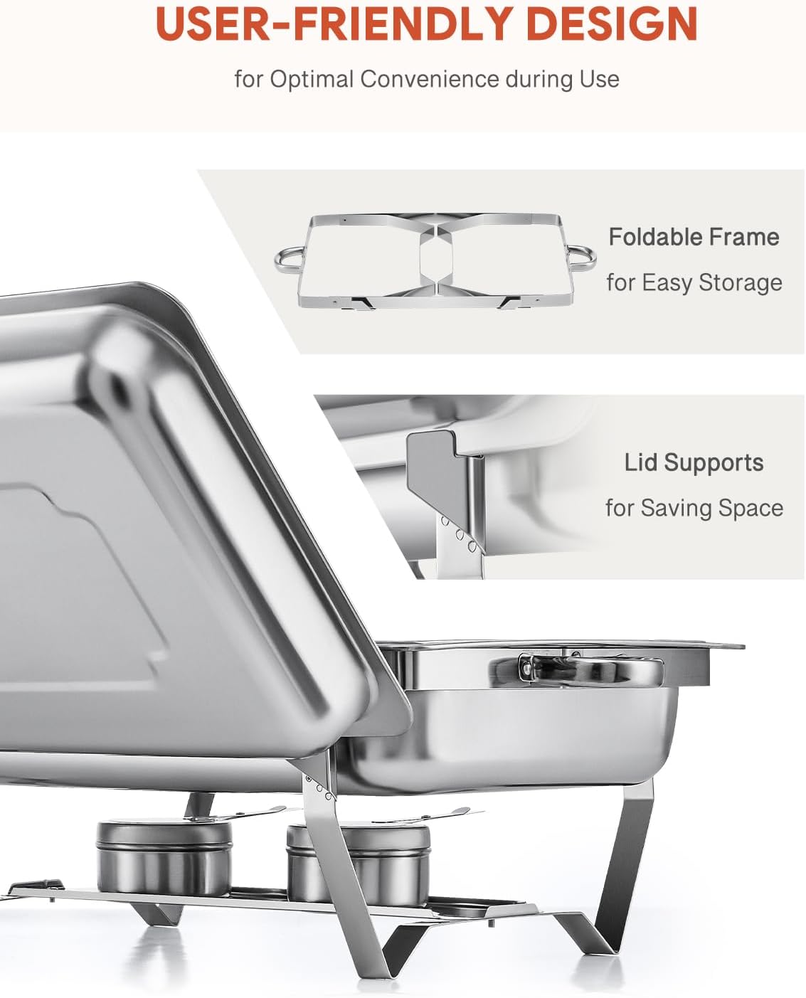 Wilprep Verdeelbakken chafing dish set van 2 bakken GN 1/2 RVS, 4 stuks 9L buffetwarmers met 8 halve maat bakken, brandpasta houders, 4 deksel opvouwbare frames, voor feesten buffetten diners