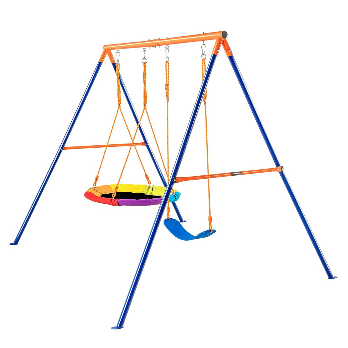 VEVOR JX-SW02 Achtertuin, 420 lbs draagvermogen, set met 1 schotel, 1 gordelstoel, robuuste A-frame metalen schommelstandaard en verstelbaar touw, schommelset voor buiten, blauw
