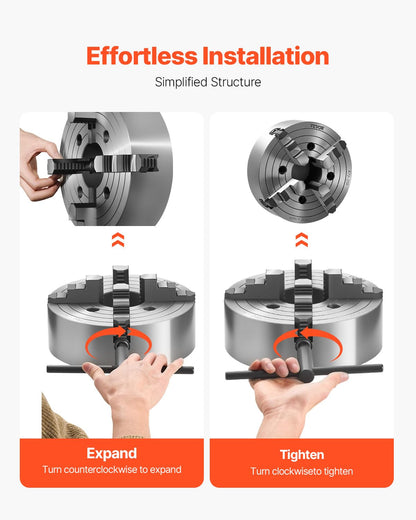 VEVOR 4 jaw lathe holder, 250 mm, lathe chuck, 15-250 mm clamping range with T-key fixing screws, reversible jaw, HT300 cast iron, internal external for wood-metal lathe