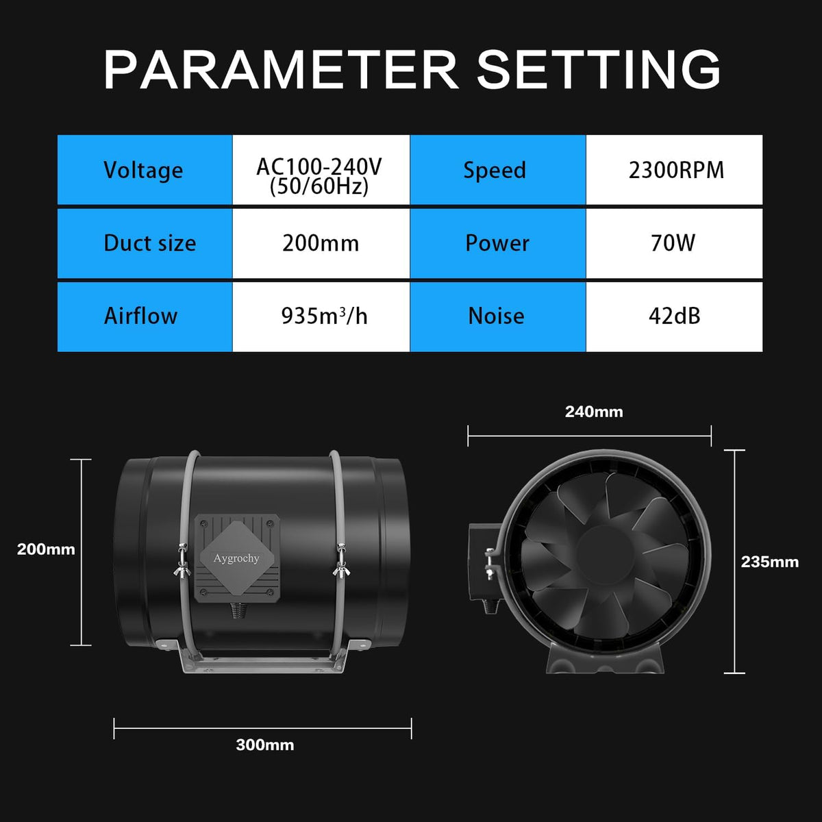 Aygrochy 200mm App gecontroleerde Buisventilator, uitlaatventilator met temperatuur- en vochtigheidsregelaar, afzuigventilator voor booster, groeitenten, ventilatie en afvoerventilator.