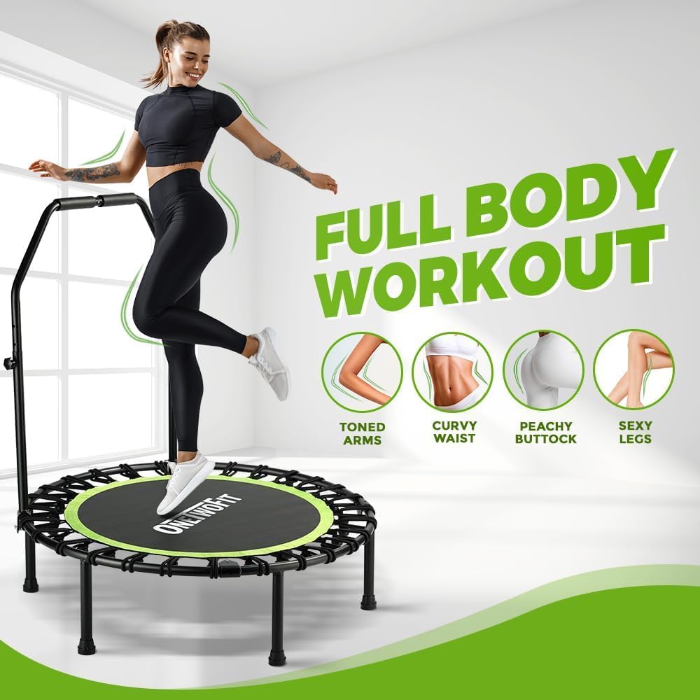 ONETWOFIT Opvouwbare trampoline voor volwassenen, 101,6 cm/106,7 cm/114,3 cm, mini-fitnesstrampoline, stabiele en stille trainingstrampoline met duurzame bungees voor persoonlijke indoor tuintraining