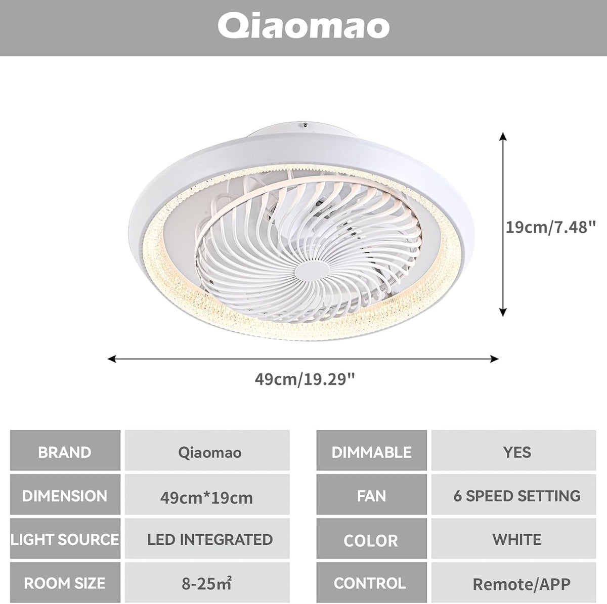 stille plafondventilator met licht en afstandsbediening APP, 49cm bladloze plafondventilatorlamp 6 snelheden 3 tinten, timer, zomer-winterfunctie (72w, wit)