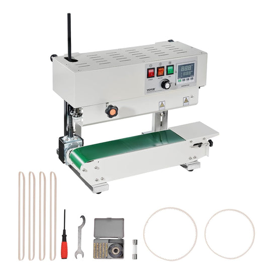 VEVOR Continuous bag sealing machine, sealing width 6-12mm, carbon steel vertical tape sealer with digital temperature control, for films plastic bags 0.02-0.8mm