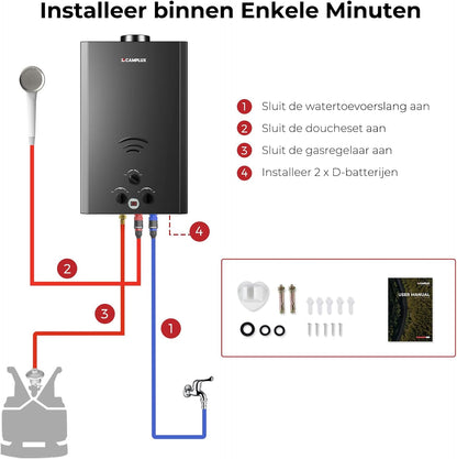 CAMPLUX Gas Boiler 20 L/min Tankless, voor Buitendouche, Camping, Butaan (28-30 mbar)/ Propaan (37 mbar), 40 kW