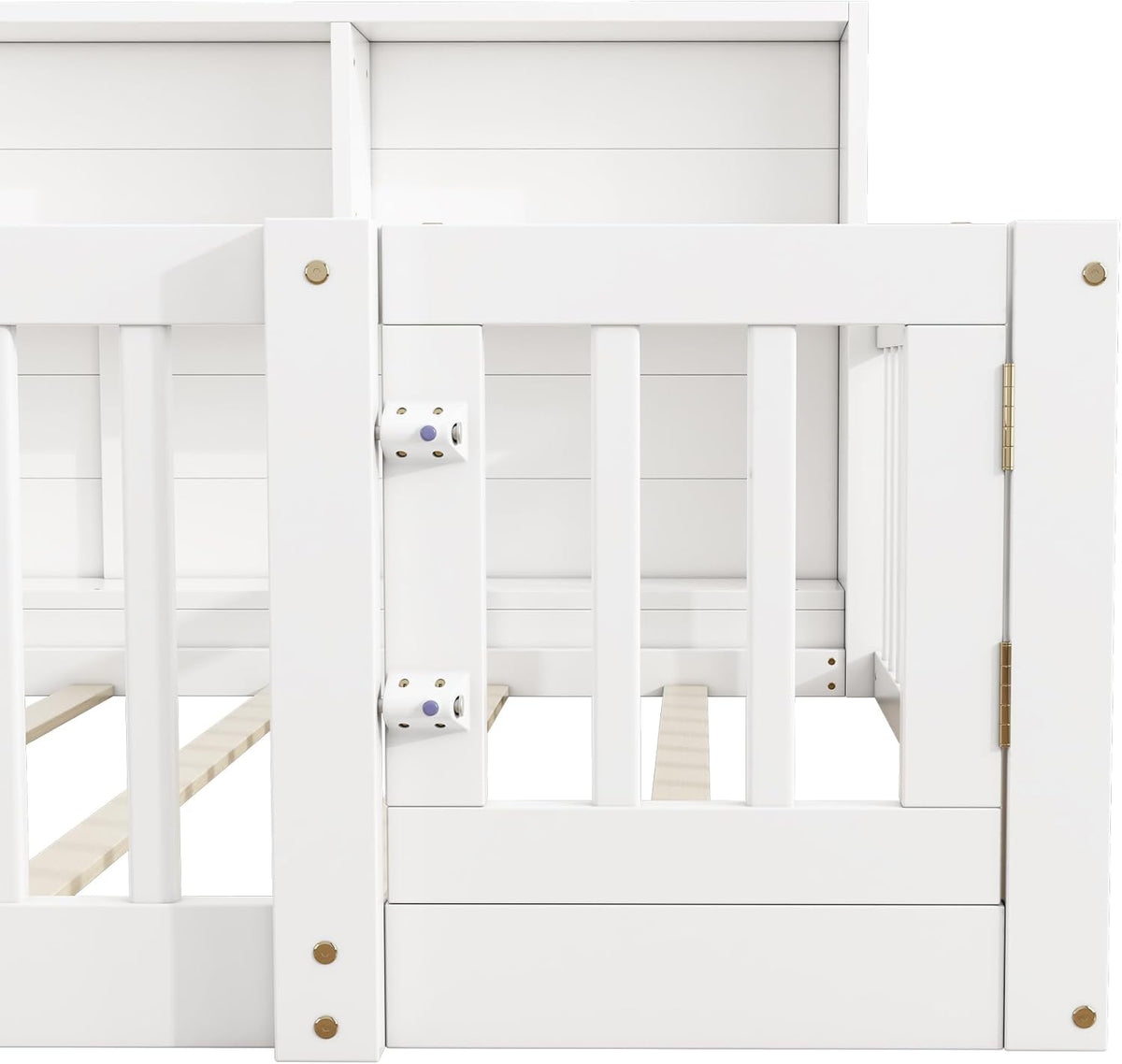 Children's Bed with Slatted Frame, Fall Protection, Rack and Fence, Youth Bed, Storage Room, Wooden Bed, Pine (White, 140 x 200 cm) - QUORE