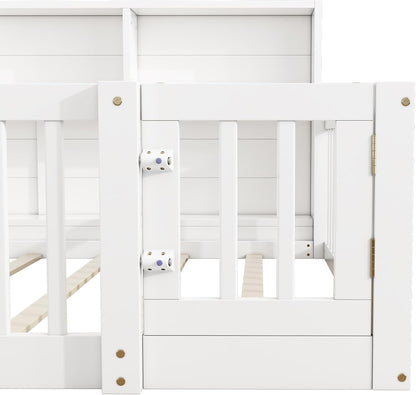 Children's Bed with Slatted Frame, Fall Protection, Rack and Fence, Youth Bed, Storage Room, Wooden Bed, Pine (White, 140 x 200 cm) - QUORE