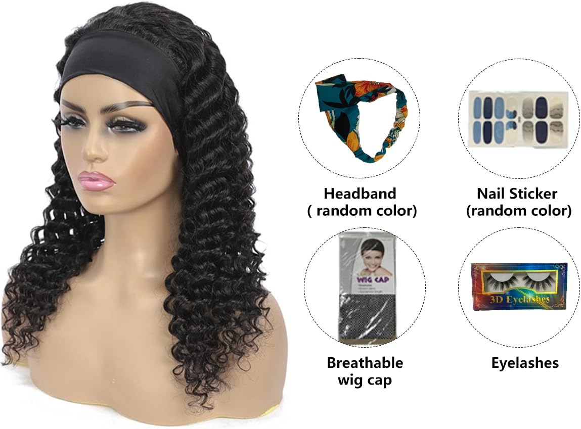 Pruik met haarband – Braziliaanse pruik – Hoofdbandpruik – Menselijk haar pruik – Pruik zonder lijm – 100% Echt Remy Mensenhaar – 66 cm, 150%, Krullend, Natuurlijke Kleur
