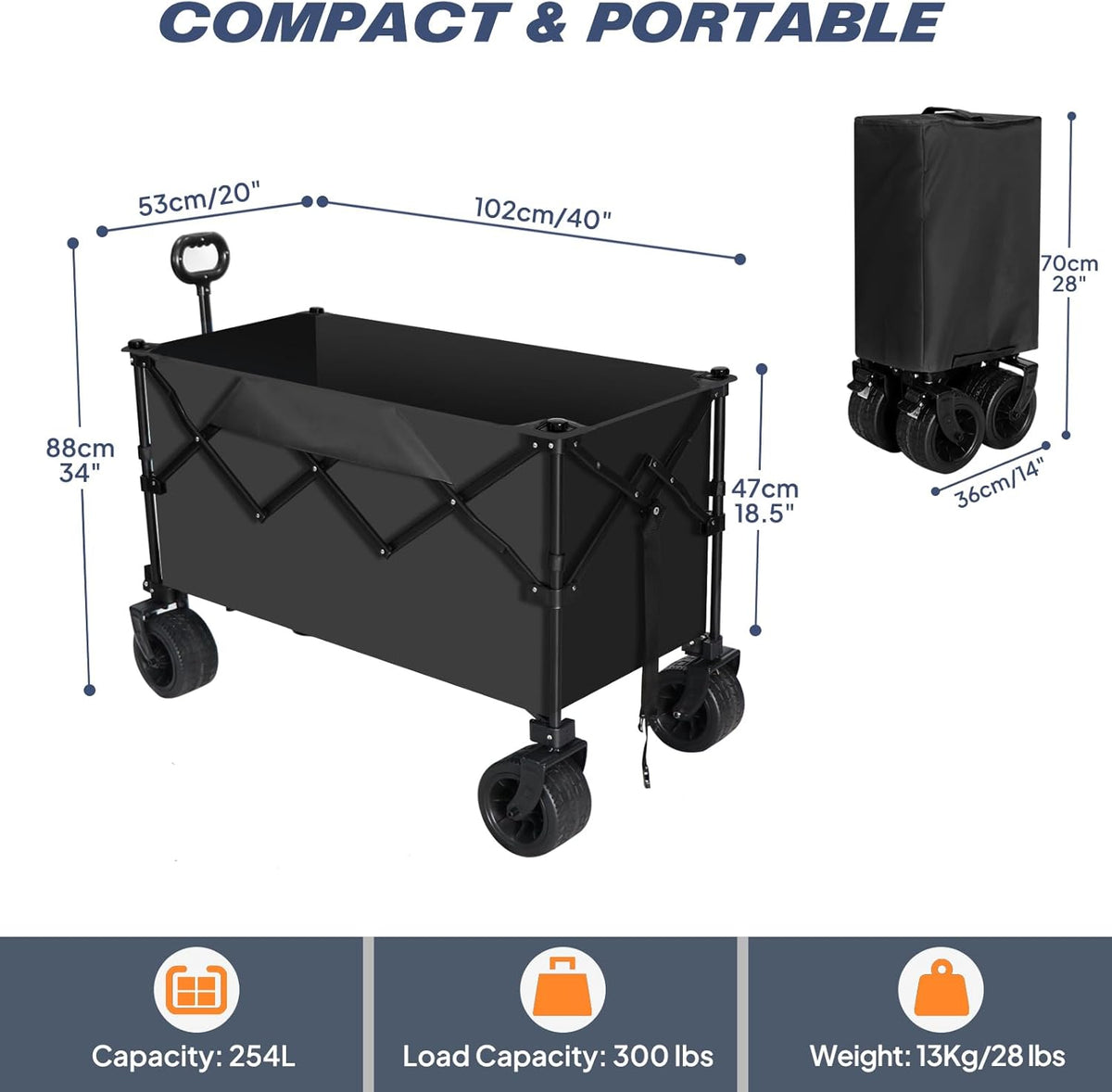 Chihee Handwagen, tuinwagen, inklapbaar, buiten, hulpprogramma, bolderkar, strandwagen, 254 l, zeer belastbaar, draagbare wagen, all-terrain wielen, oversized zijvak, 2 bekerhouders