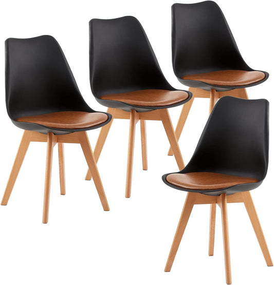 EGGREE Set van 4 stoelen voor eetkamer en keuken in Scandinavische stijl met gevoerde zitting van PU-leer en beukenhouten poten, zwart met bruin PU-leer
