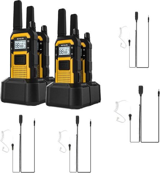 Retevis RB648 Zware Tweewegradio, IP67 Waterdicht, Stofdicht Robuuste Walkietalkies met Oorschelp, Oplaadbare Langeafstandsradio's voor Aannemers, Werklocaties en Buitengebruik (4-pack)