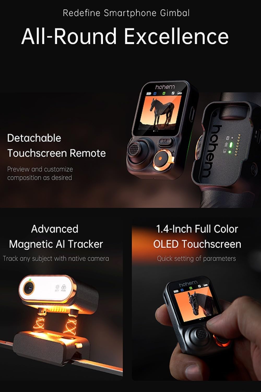 hohem iSteady M7 AI Tracking Gimbal Stabilisator voor Smartphone, 3-assige Telefoon Gimbal met Vullicht en 1.4" OLED Afneembare Touchscreen Afstandsbediening, Ingebouwde Verlengstang voor Vlogging