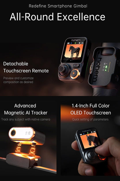 hohem iSteady M7 AI Tracking Gimbal Stabilisator voor Smartphone, 3-assige Telefoon Gimbal met Vullicht en 1.4" OLED Afneembare Touchscreen Afstandsbediening, Ingebouwde Verlengstang voor Vlogging