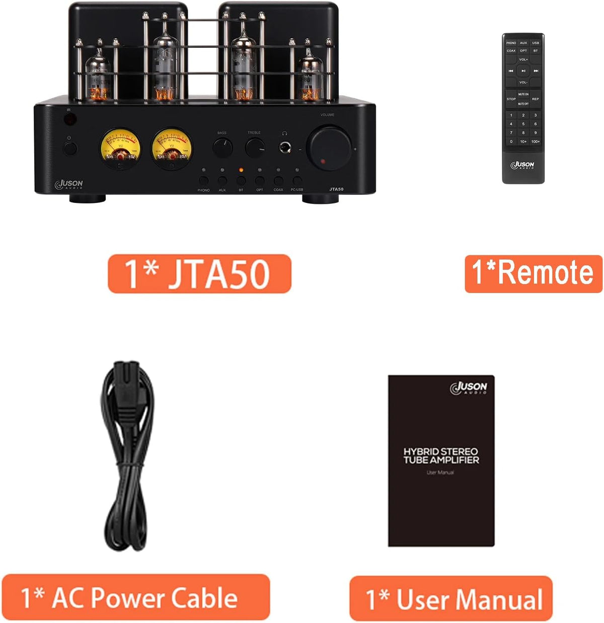 Juson Audio JTA50 Buisversterker Instapniveau Hifi-versterker met BT 5.0, afstandsbediening, AUX, COAX, Phono en USB-ingang, subwoofer uit, 2.1CH voor draaitafel (JTA50)