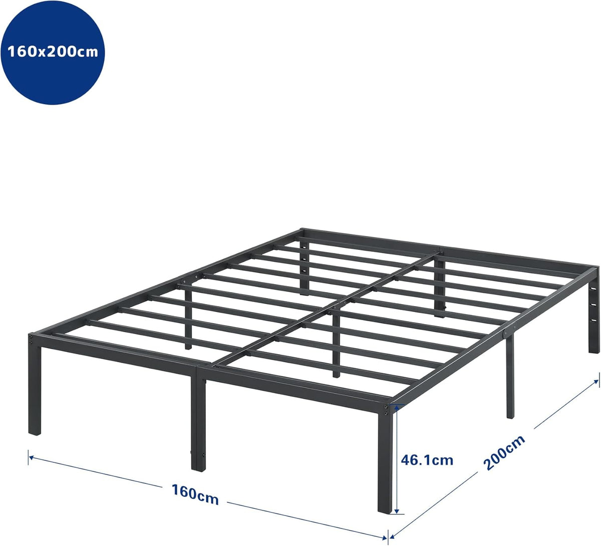 Olee sleep 45 cm stabiel stalen bed/stalen lattenrooster/anti-slip ondersteuning/matrasonderbouw/metalen bed/bedframe/bed / 160 x 200 cm/Queen/zwart/metaal