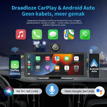 10.26 Inch Draadloos CarPlay Scherm & Android Auto Display - 4K Dashcam & 1080P Achteruitrijcamera - Draagbare Autoradio met Dual Bluetooth, FM, AUX & GPS Navigatie - Inbouwloos & Universeel