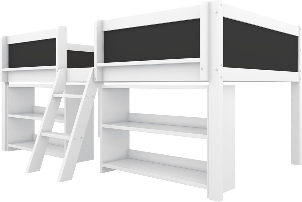 Children's Bed with Shelf, Slatted Frame, Ladder and Fall Protection, Teenage Bed, Single Bed, Wooden Pine Bed (White, 90 x 200 cm) - QUORE