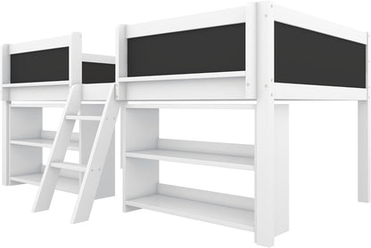 Children's Bed with Shelf, Slatted Frame, Ladder and Fall Protection, Teenage Bed, Single Bed, Wooden Pine Bed (White, 90 x 200 cm) - QUORE