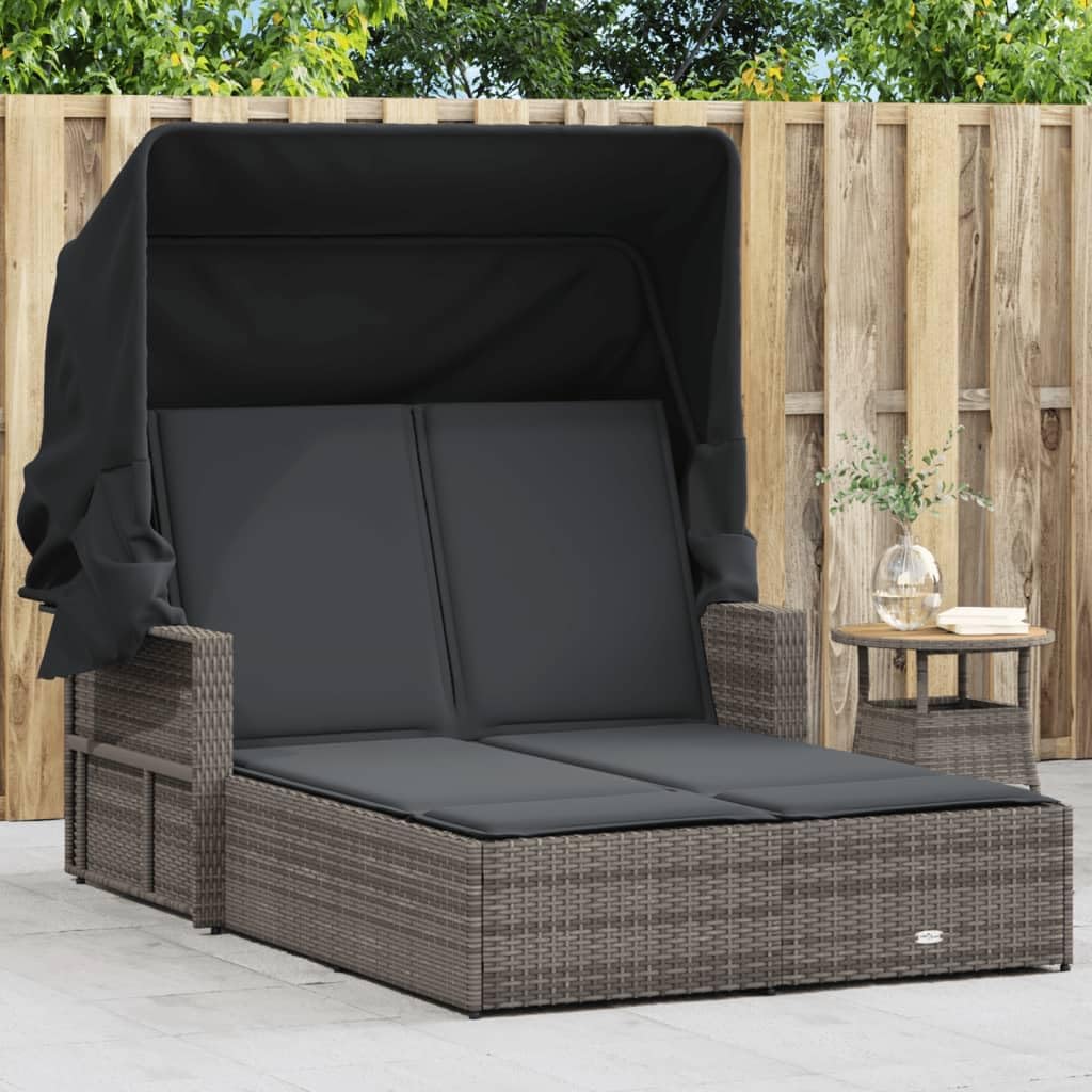 Gecheer Dubbel ligbed met luifel en grijze kussens van polyrotan, professionele zonneligstoel, zonneligstoel voor buiten, tuinligstoel, ligstoel, P365809 - QUORE