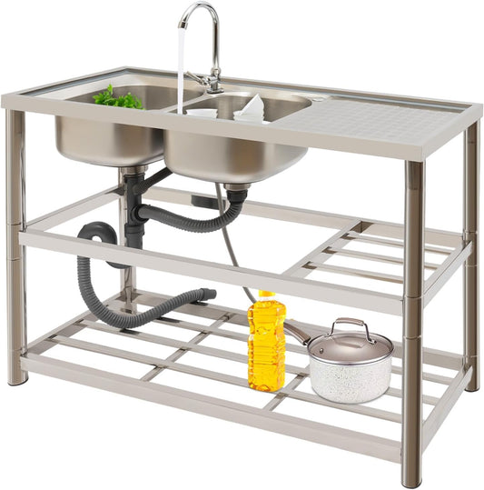 Free Standing Complete Sink Sink Stainless Steel Sink Kitchen Sink Double Sink with Cold and Hot Taps 2 Basins Outdoor Sink 120 * 45 * 80cm - QUORE