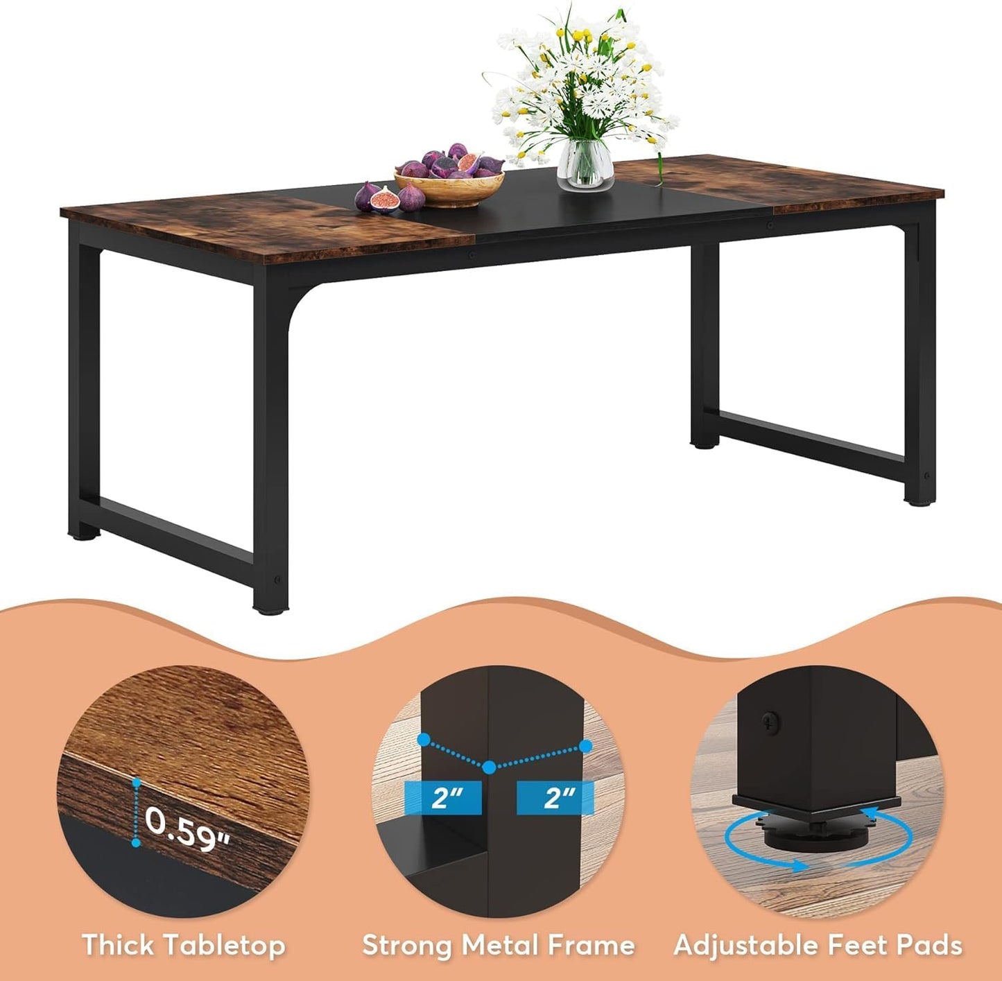 Eettafel – Rechthoekige Tafel – Industriële Eettafel – Dining Table – Grote Eetkamertafel – 180x80 cm – Robuust Houten Blad – Stabiel Metalen Frame