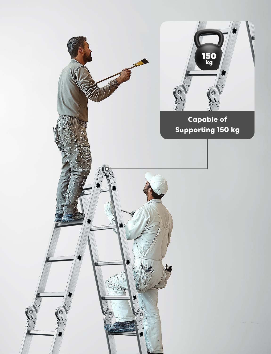 6-in-1 multifunctionele ladder, 4,7 m, inklapbare aluminium ladder, 4 x 4 scharnierende ladder met 16 treden, antislip, stabiel en robuust, tot 150 kg belastbaar, zilver
