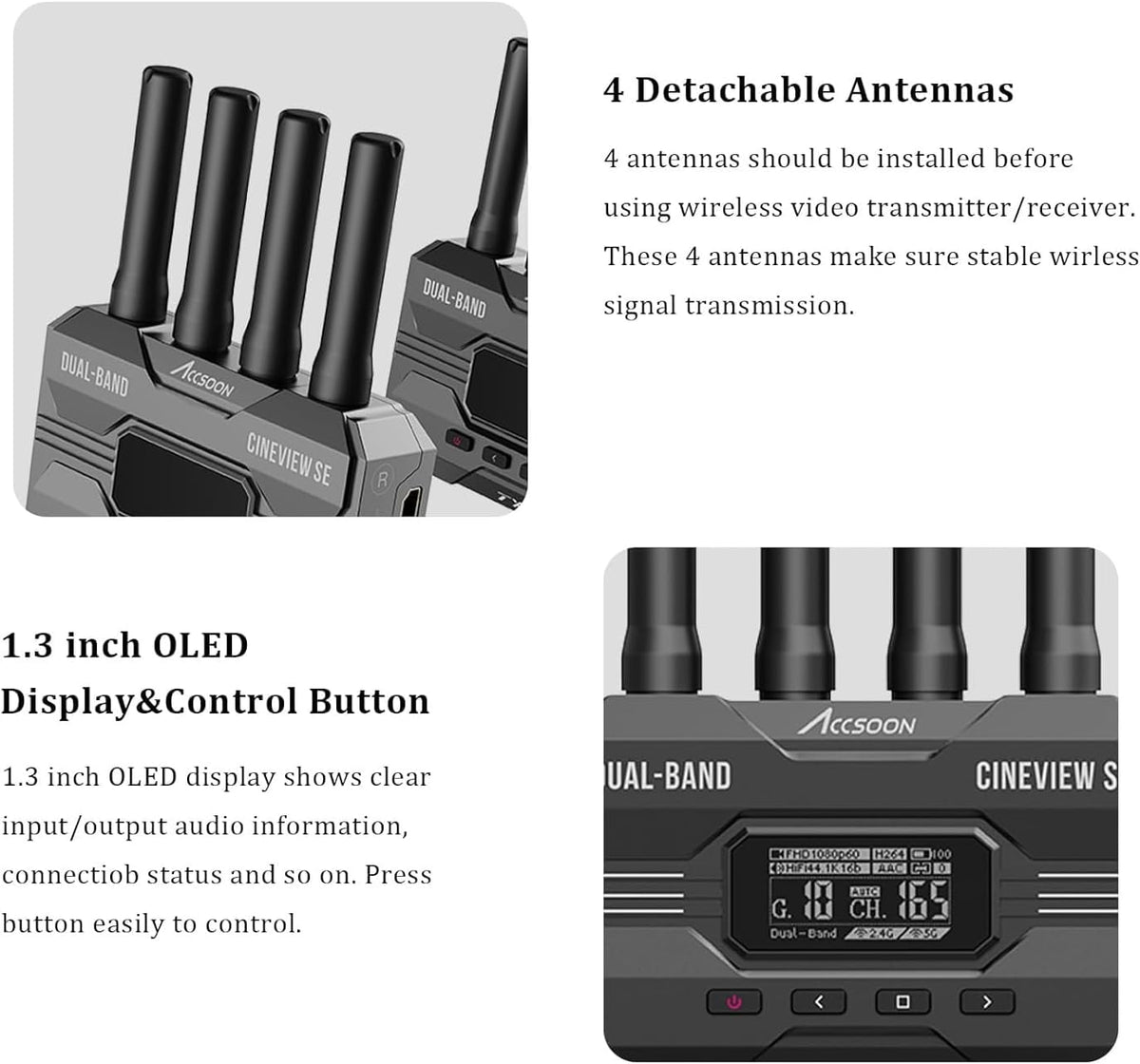 Accsoon CineView SE HDMI/SDI 1080P 60FPS draadloze videozender 2,4G/5G, latentie 50ms, bereik 1200FT/350M, bewaking van 4 apparaten, voor filmmaker, videomaker (1xT)