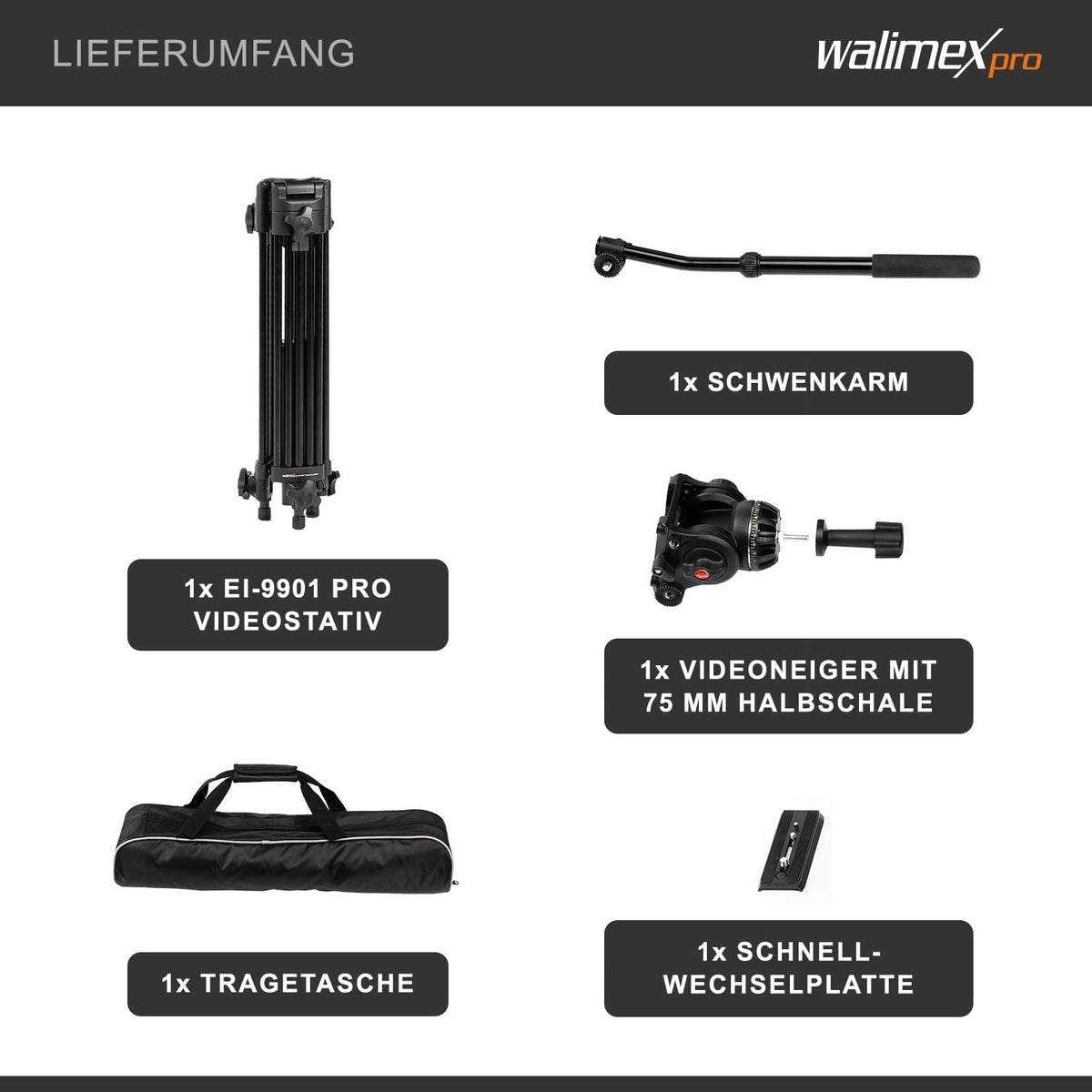 walimex pro EI-9901 Pro videostatief met opbergtas en snelwisselplaat, 134 cm