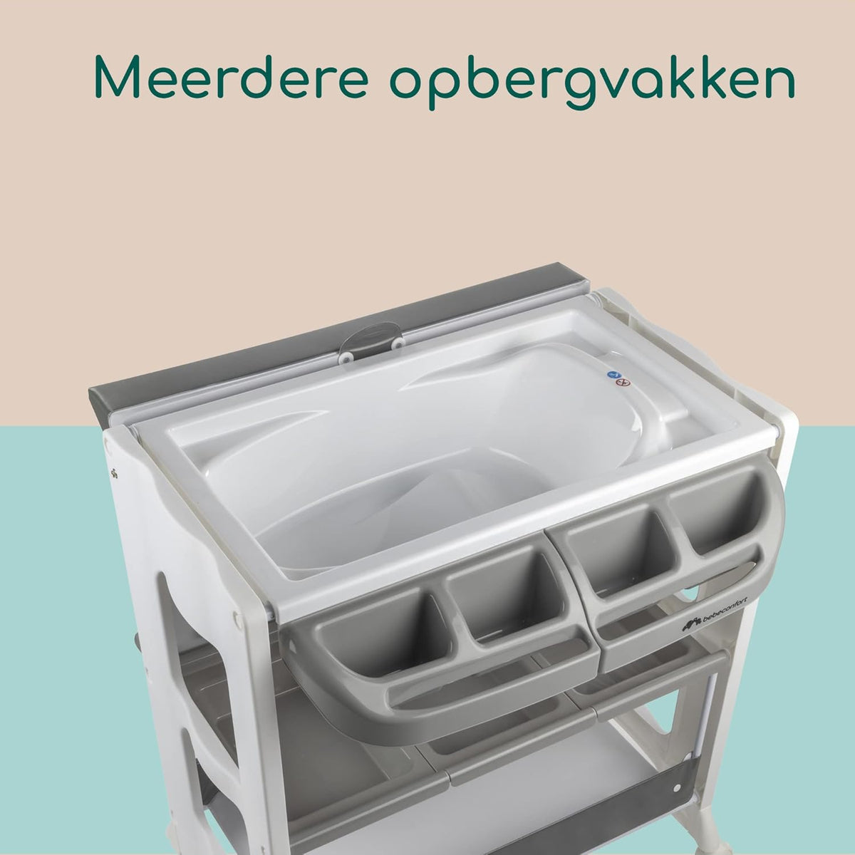 Bebeconfort Dolphy, 2-in-1 Baby Bad & Verschoontafel, 0-12 Maanden(max. 11 kg), Eenvoudig Verplaatsen met 4 Wielen, Meerdere Opbergvakken, Gewatteerd Verschoonkussen, Easy Tub Drainage, Grey Mist