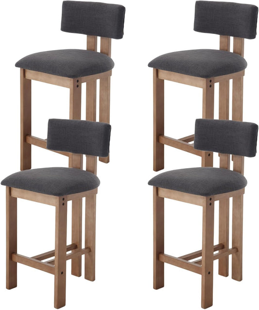 chairus Vintage Bar Stool, 4 Pieces, Linen Bar Stool, Solid Wood Base, High Bar Chair for Counter, Grey - QUORE