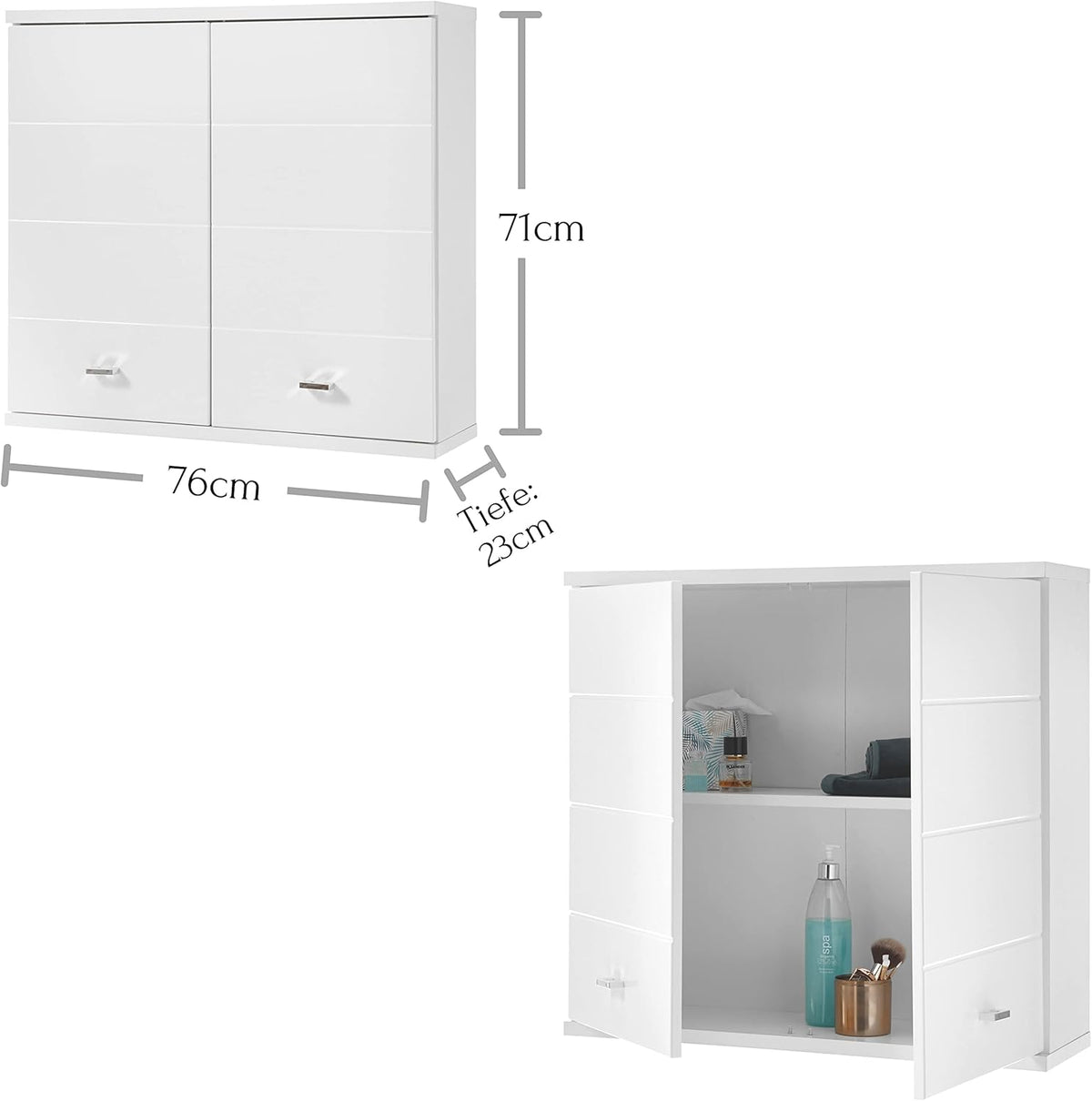 Badkamerkast – Wandkast – Opbergkast – Hangkast – Badkamermeubel – Wit Hoogglans – Ruime Opbergruimte – Compact 76x71x23 cm