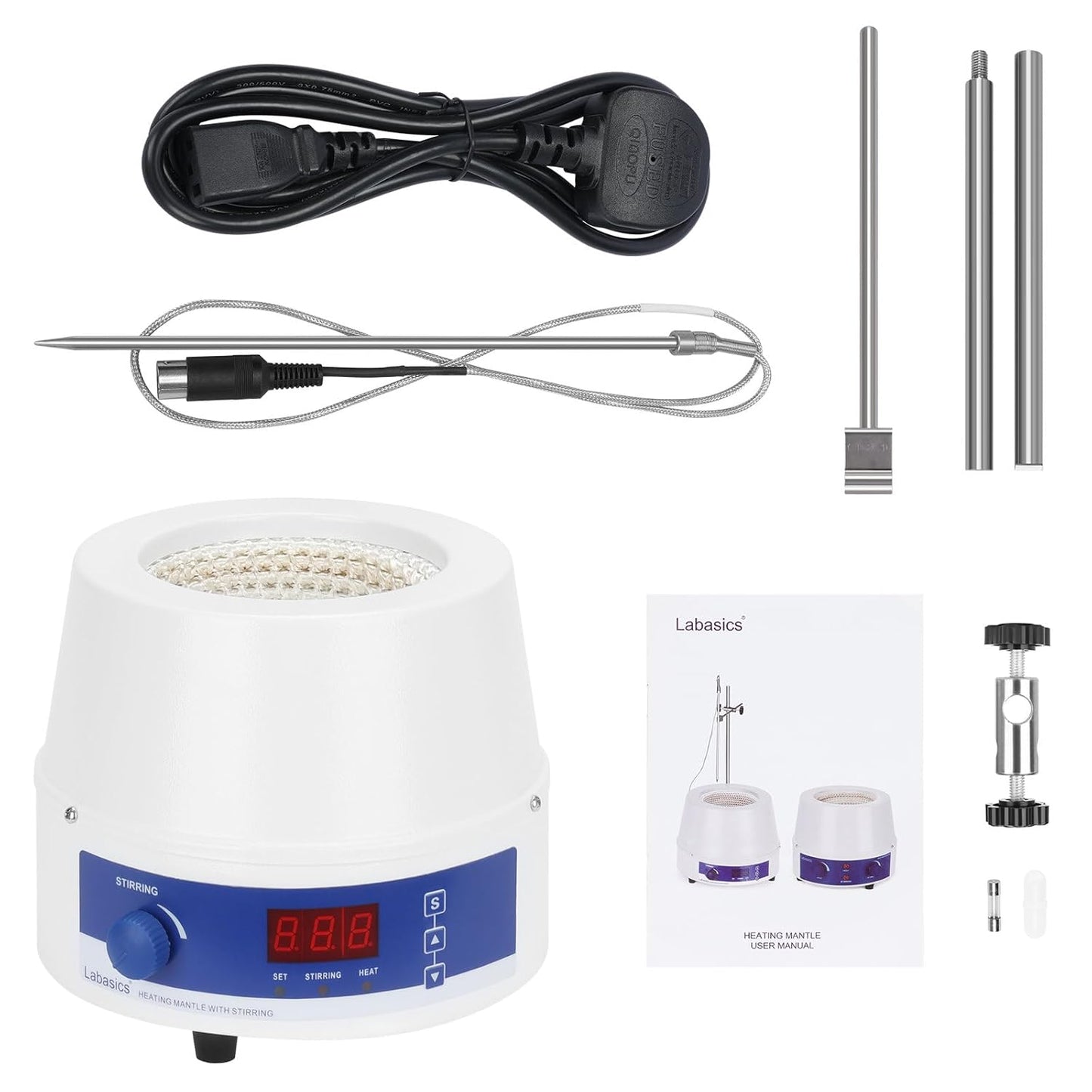 Labasics Elektrisch Verwarmingsmantel met Roerder, Regelbare Temperatuur en Snelheid, Digitale Weergave, voor Mengen, Reflux en Destillatie in Laboratorium, 220 V 250 W, 500 ml