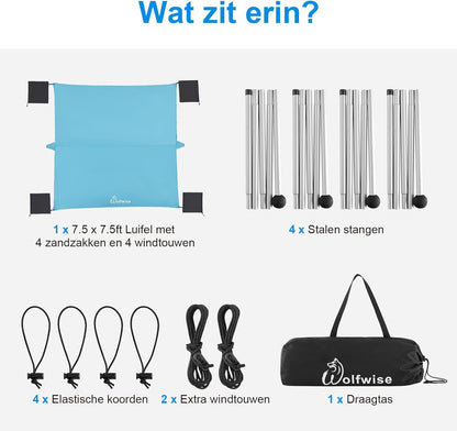 WolfWise UPF50+ Strandtent Zonnescherm, 2,3 x 2,3 m Familie Strand Parasol Geschikt voor 2-6 Personen, Gemakkelijk Op te zetten Winddicht Waterdicht Strand Afdak, Blauw, Large