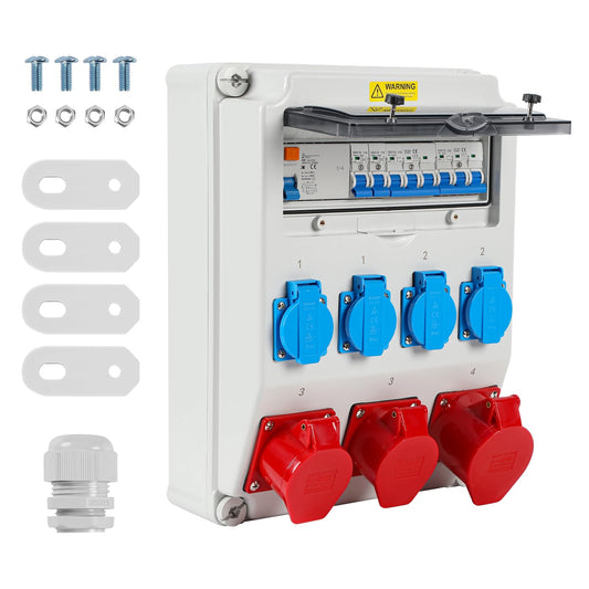 Verdeler voor bouwplaatsen, wandverdeler, 1 x 32 A, 2 x 16 A, 4 x 230 V met LS+FI met veiligheidsschakelaar, wandverdeler met RCCB, CEE stopcontact 16/32 A, voor bouwplaatsen