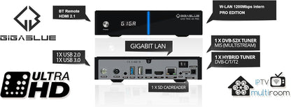 GigaBlue UHD Trio 4K PRO - 1x DVB-S2X MS + 1x DVB-C/T2 Receiver comb. sat., kabel/signaal T2, E2 Linux TV Smart TV Box, riprod. multimed, radio. PVR, 1200Mbps WiFi, HTS