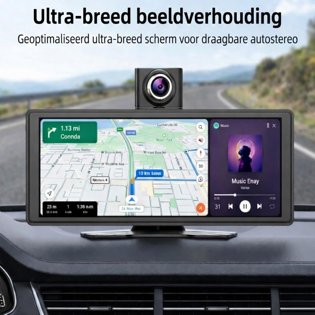 10.26 Inch Draadloos CarPlay Scherm & Android Auto Display - 4K Dashcam & 1080P Achteruitrijcamera - Draagbare Autoradio met Dual Bluetooth, FM, AUX & GPS Navigatie - Inbouwloos & Universeel