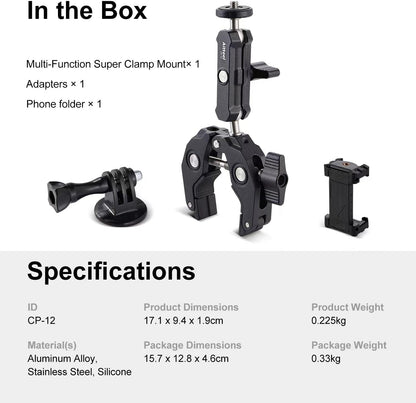 Super klem met Mini Ball Head Stand met 1/4 "schroef en 360 ° Double Ball Head Magic Arm voor Sony Canon Nikon DSLR Camera, Ronin, Microfoon, Videollamp, Roef, Dwarsbar (CP-12)