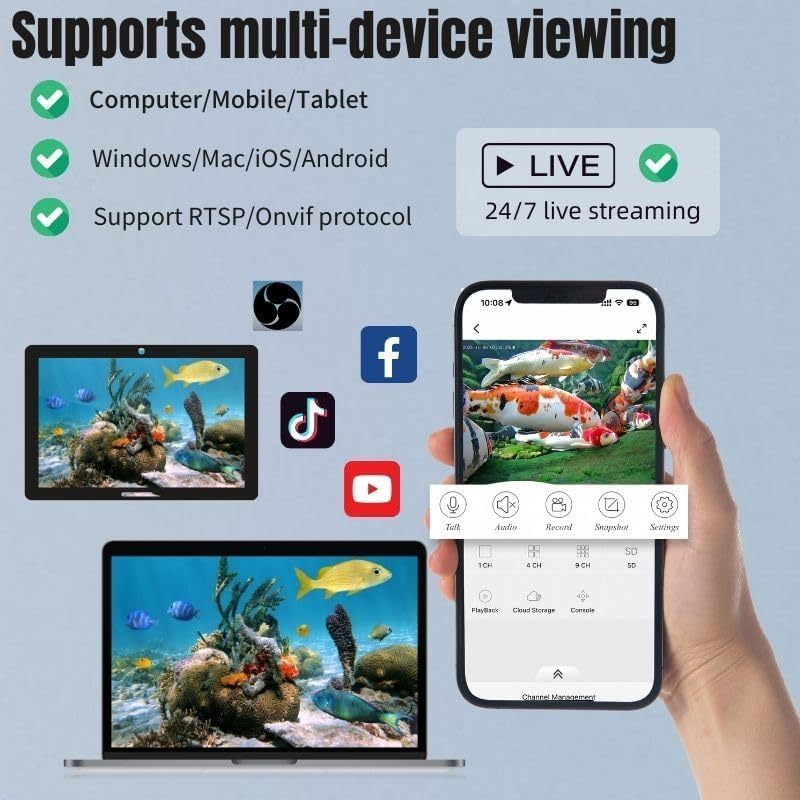 Barlus Onderwatercamera POE 5MP CMOS lens 100° groothoek zee roestvrij staal met vullicht IP68 waterdicht camera voor 24/7 koivijver met 9,8 m kabel