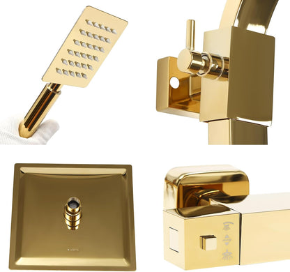 Douche Systeem – Regendouche – Douche Set – Douchekolom – Handdouche – Thermostatische Temperatuurregeling – Gouden Messing 20x20 cm