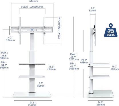 Tv-Vloerstandaard Wit – Tv Standaard – Tv Stand – Universele Tv Standaard – Vrijstaande Tv Standaard – Voor 32-60 Inch Tv met 3 Planken, Draaibaar Tot 70°