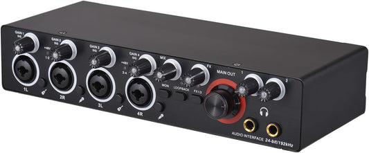 4-kanaals geluidskaart met driverloze audio-interface, USB-geluidskaart 4 ingangen 4 uitgangen, 24 bit/192 kHz 48 V fantoomvoeding voor professionele karaoke-opname
