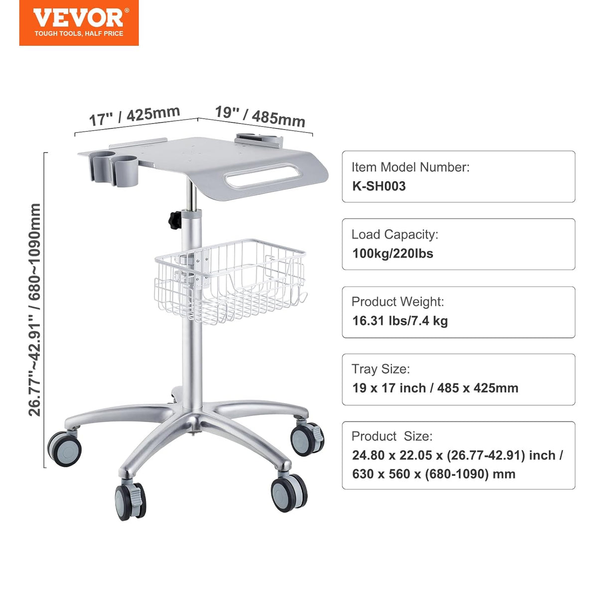 VEVOR Medische wagen, salonwagen met wielen, mobiele rolwagen, 68-109 cm, in hoogte verstelbaar, metalen salonstations voor kappers, rollende desktop-laboratoriumwagen voor kliniek, schoonheid en